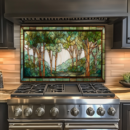 Stained Glass Look Forest Backsplash, Woodland Tree Scene Printed on Tempered Glass, Nature Inspired Kitchen Wall Art Panel