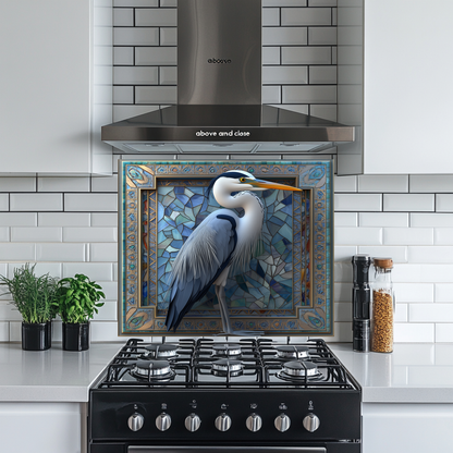Blue Heron Glass Backsplash, Tempered Glass Wall Art Panel, Coastal Bird Kitchen Backsplash, Modern Wildlife Glass Splashback Decor