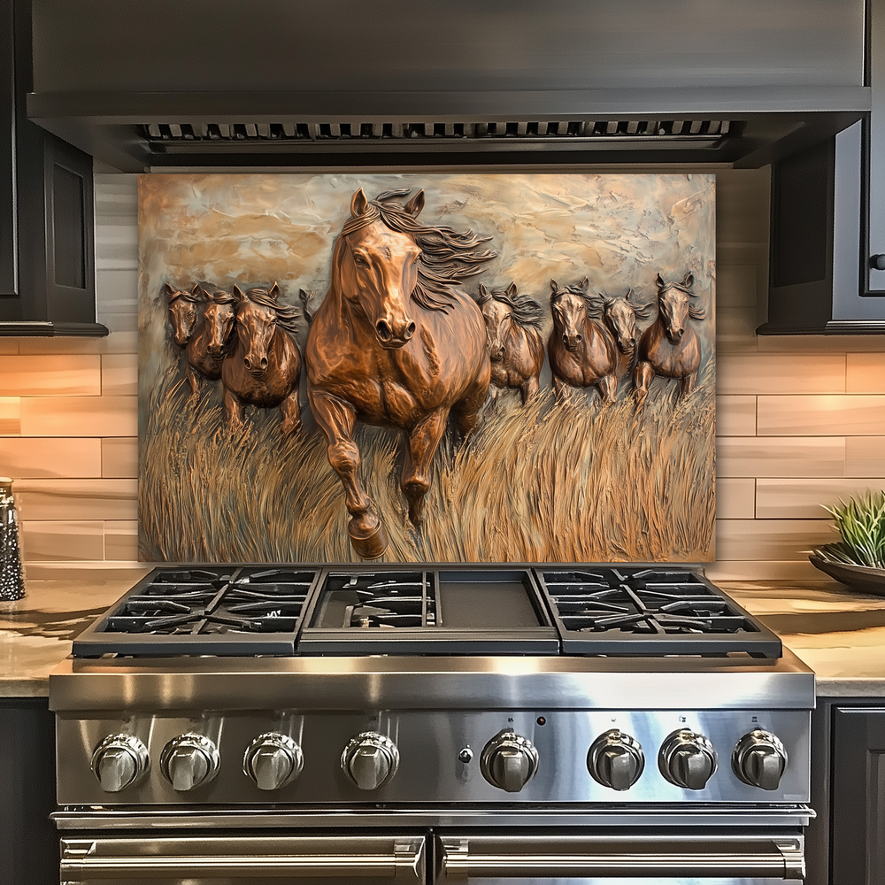 Glass Backsplash with Copper Horses, Tempered Wall Art Panel, Horse Kitchen Decor, Rustic Animal Tile
