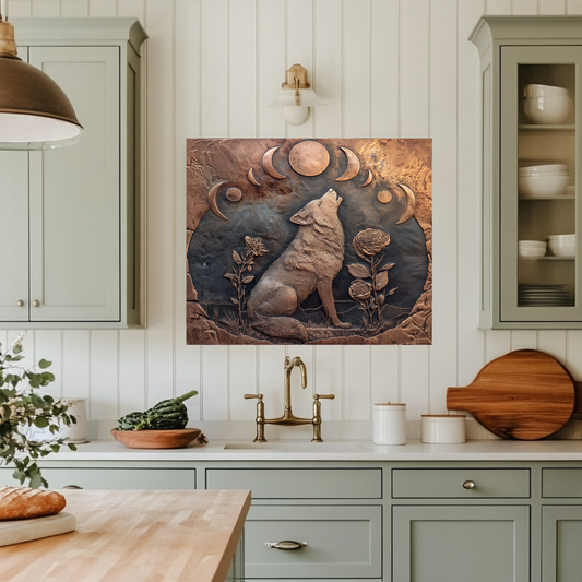 Copper Embossed Look Wolf Glass Backsplash • Wild Nature Kitchen Panel • Artistic Textured Style • Animal Decorative Panel