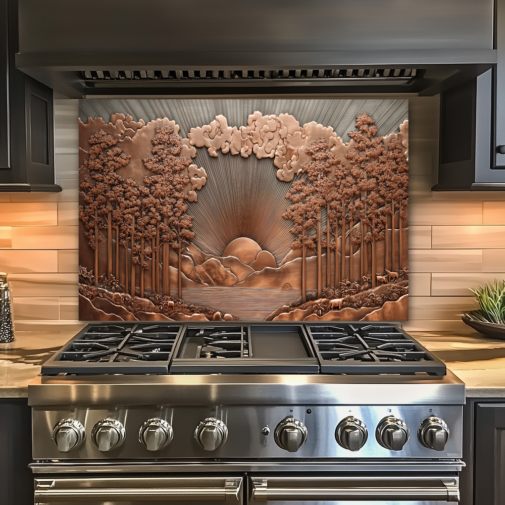 Copper Tone Sun Shine & Glass Tree Landscape Printed Tempered Glass Kitchen Backsplash Splashback or Wall Art Panel