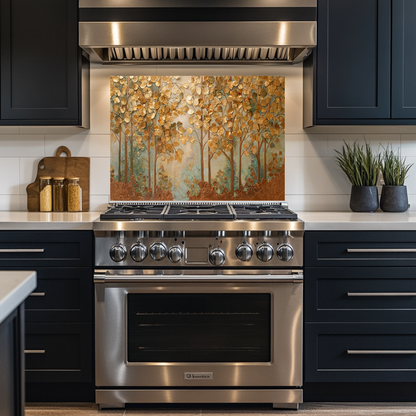Forest Nature Artwork in Copper Tones Printed Tempered Glass Kitchen Splashback Backsplash Wall Panel for Modern Rustic Decor