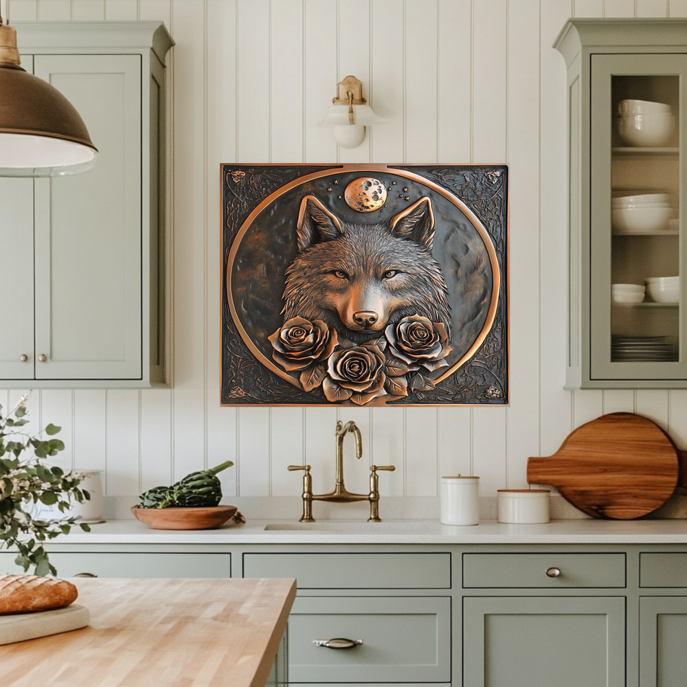 Copper Look Wolf and Roses Glass Backsplash Panel, Tempered Glass Wall Art, Rustic Kitchen Decor, Floral Wolf Design, Modern Stove Protector