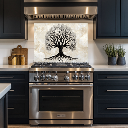 Marble Tree of Life Design Printed Tempered Glass Kitchen Backsplash Splashback Decorative Wall Art Panel for Modern Home Interiors
