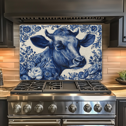 Delft Blue Cow Glass Backsplash Panel, Tempered Glass Wall Art, Dutch Farmhouse Kitchen Decor, Cow Pattern Tile, Rustic Animal Wall Panel