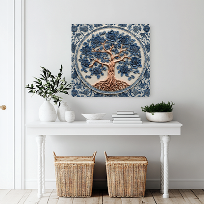 Delft Blue Tree of Life Kitchen Glass Backsplash • Stove Behind Cover • Nature Inspired Kitchen Splashback Panel • Colorful Home Decor