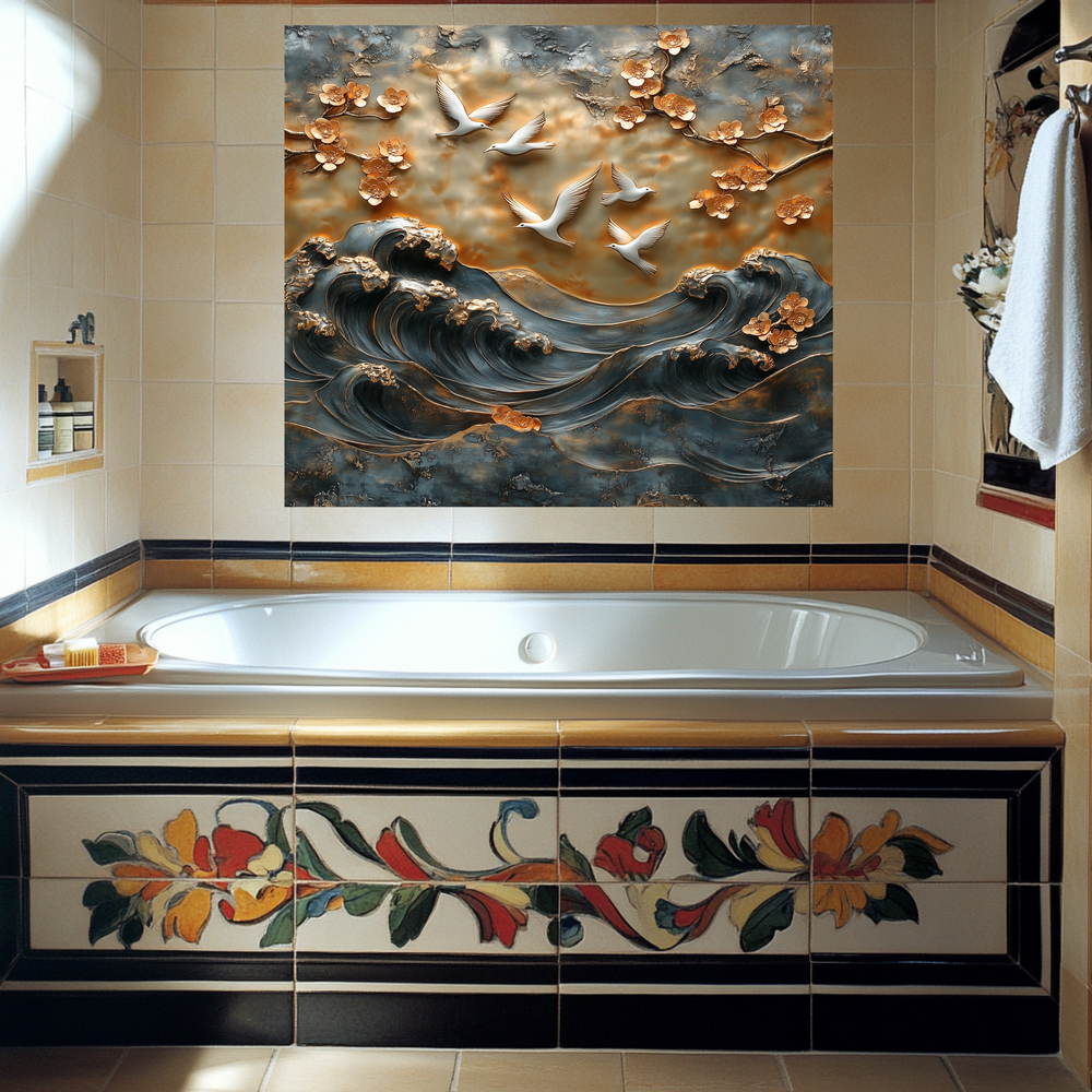 Waves and Pigeons Prints One Piece Tempered Glass Kitchen Splashback For Stove Behind, Kitchen Backsplash, Wall Art