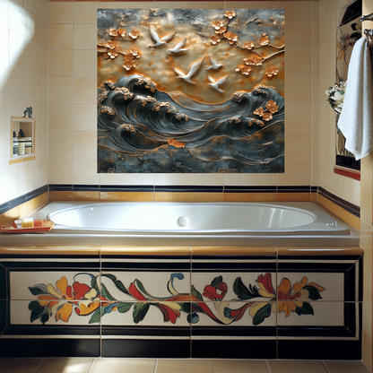 Waves and Pigeons Prints One Piece Tempered Glass Kitchen Splashback For Stove Behind, Kitchen Backsplash, Wall Art