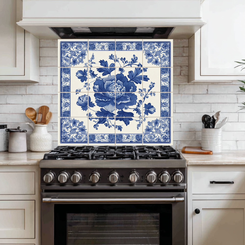 Floral Delft Blue Glass Backsplash, Blue White Dutch Style Wall Art, Custom Printed Glass Panel, Made in USA