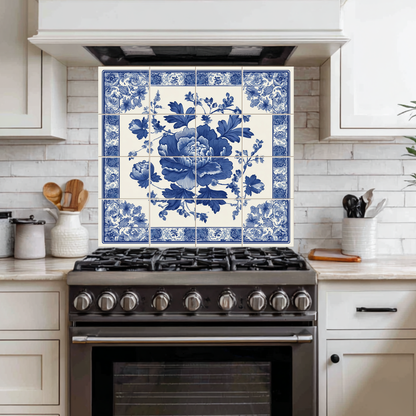 Floral Delft Blue Glass Backsplash, Blue White Dutch Style Wall Art, Custom Printed Glass Panel, Made in USA