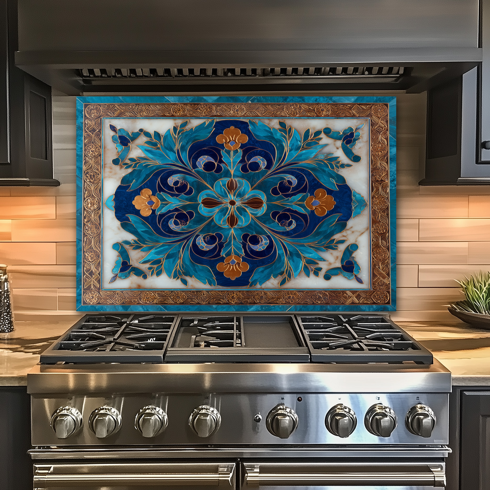 Blue Traditional Glass Backsplash Panel for Kitchen, Tempered Glass Wall Art, Classic Tile Pattern Decor