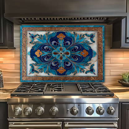 Blue Traditional Glass Backsplash Panel for Kitchen, Tempered Glass Wall Art, Classic Tile Pattern Decor