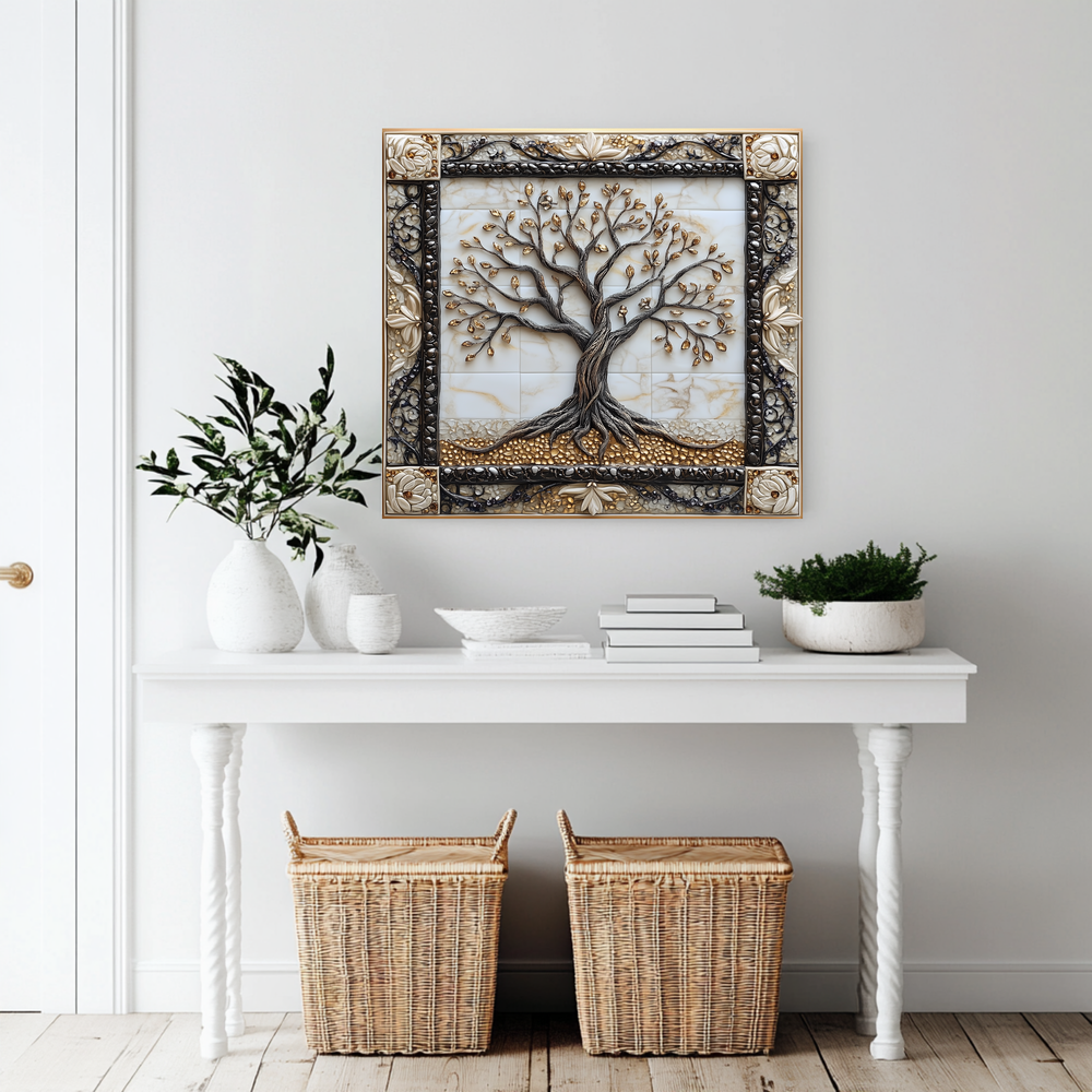 Attractive Life of Tree Framed Look One Piece Tempered Glass Kitchen Backsplash for Stove Behind, Kitchen Splashback, Glass Wall Art