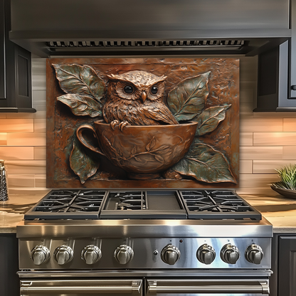 Rustic Owl Copper Look Glass Backsplash Panel, Embossed Style Owl Print on Tempered Glass Wall Art, Artistic Kitchen Splashback