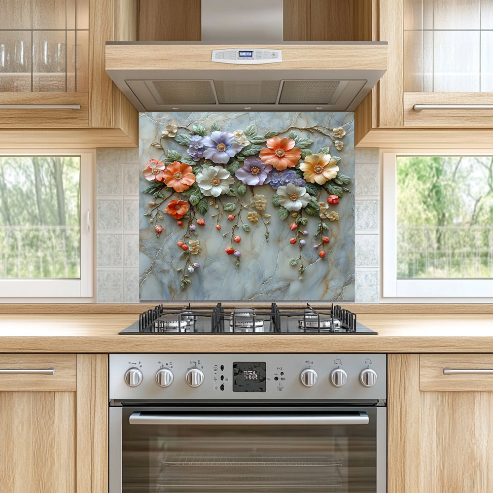 Embossed Flowers One Piece Tempered Glass Kitchen Splashback For Stove Behind, Kitchen Backsplash, Wall Art