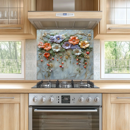 Embossed Flowers One Piece Tempered Glass Kitchen Splashback For Stove Behind, Kitchen Backsplash, Wall Art