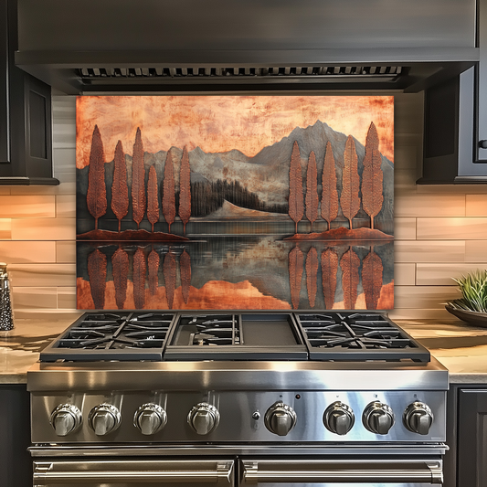 Copper Look Nature Landscape Glass Backsplash • Rustic Wall Art Panel • Mountain River Home Decor • Earthy Decorative Piece