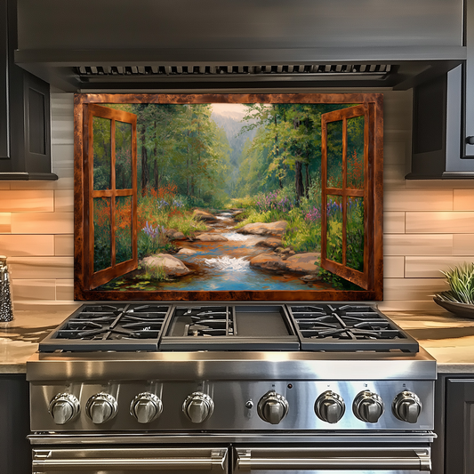 Nature View Glass Backsplash Panel, Scenic Landscape Tempered Glass Wall Art, Serene Kitchen Decor, Window Style Nature Scene, Home Accent