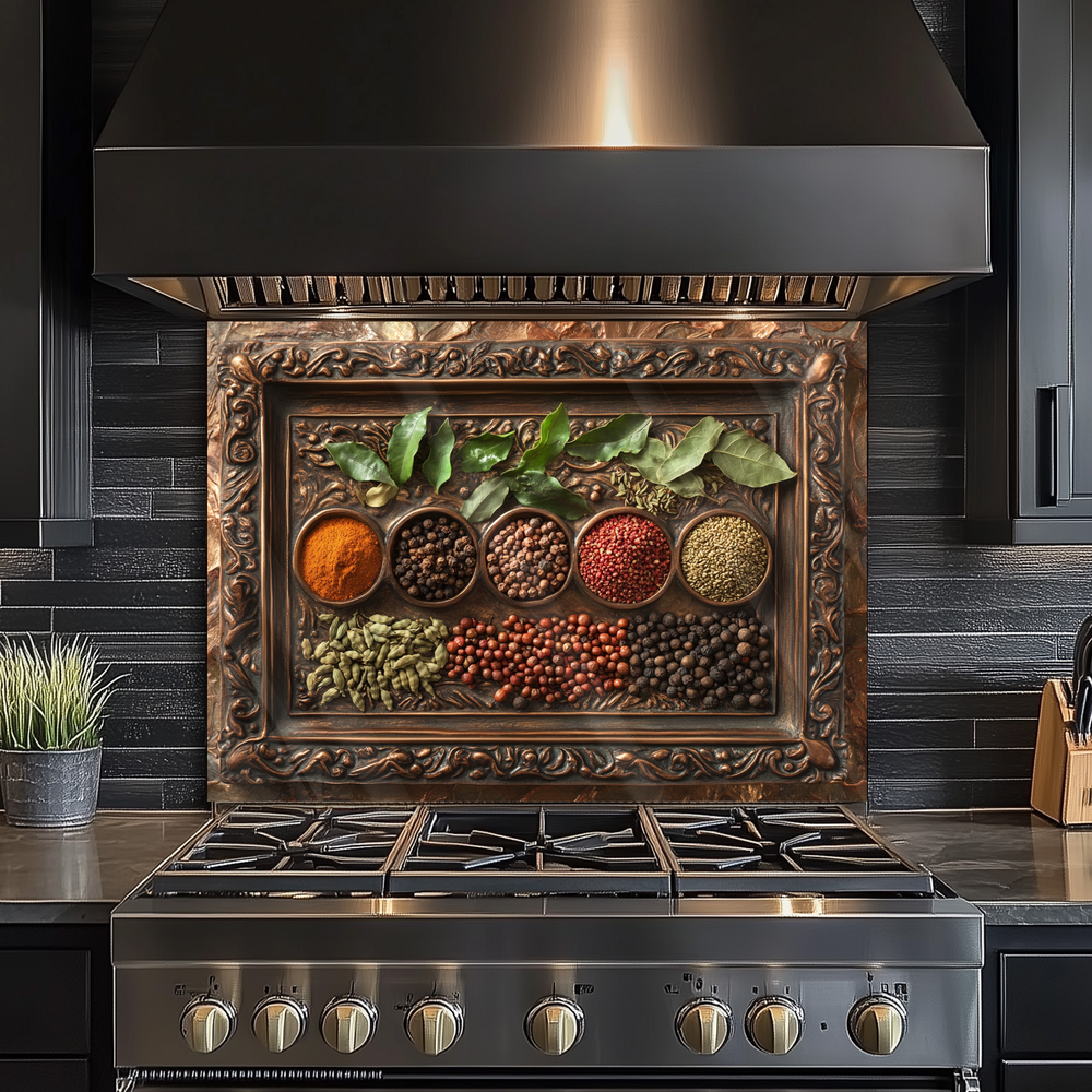 Copper Look Spice Bowls Print One Piece Tempered Glass Kitchen Splashback For Stove Behind, Kitchen Backsplash, Wall Art