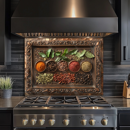 Copper Look Spice Bowls Print One Piece Tempered Glass Kitchen Splashback For Stove Behind, Kitchen Backsplash, Wall Art