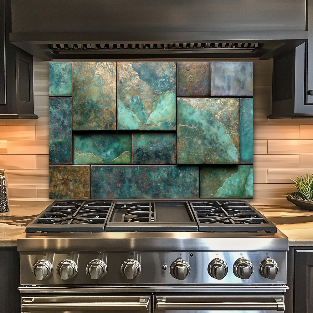 Rustic Copper Tile Glass Backsplash, Antique Style Kitchen Wall Panel, Vintage Farmhouse Glass Tile, Warm Metallic Home Decor