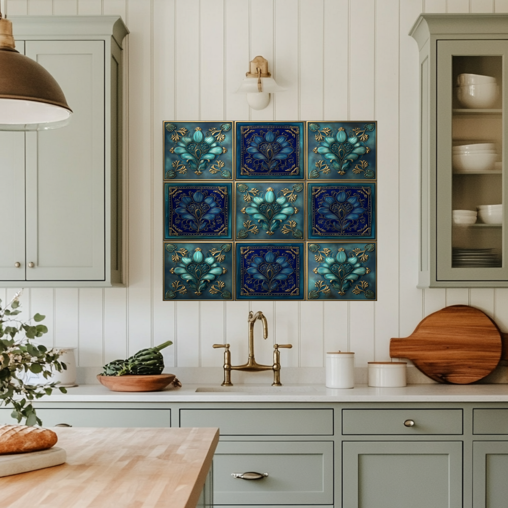 Glass Backsplash, Pattern Tile Look One Piece Tempered Glass Kitchen Splashback For Stove Behind, Blue Tile Backsplash, Kitchen Backsplash