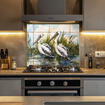 Two Pelican Prints One Piece Tempered Glass Kitchen Splashback For Stove Behind, Kitchen Backsplash, Wall Art