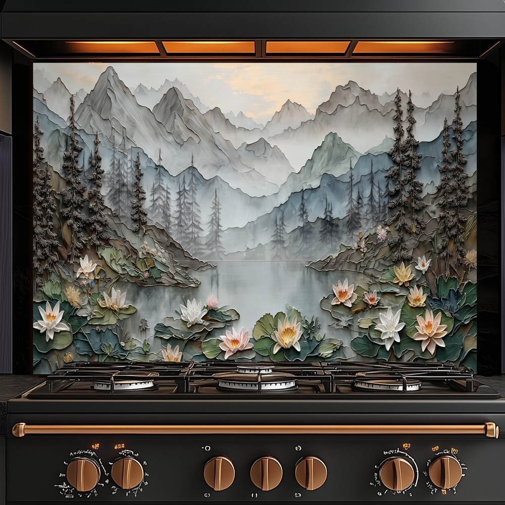 Made in USA, Floral Landscape Glass Backsplash & Wall Art – Pine Tree Splashback