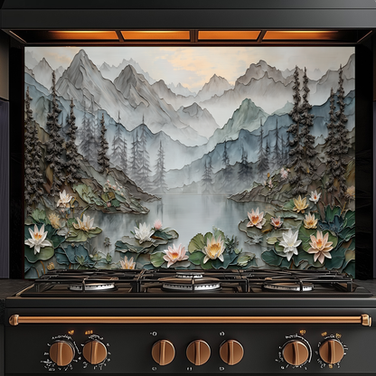 Made in USA, Floral Landscape Glass Backsplash & Wall Art – Pine Tree Splashback