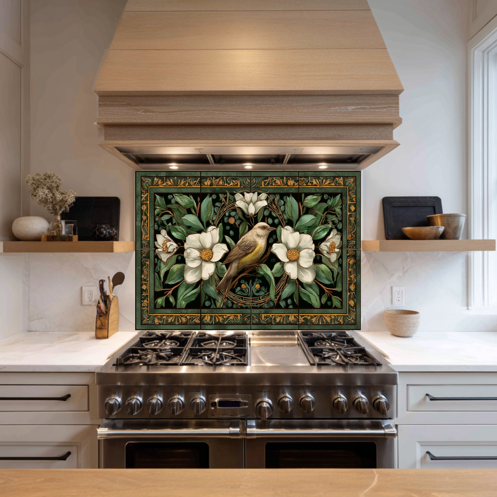 Bird and Floral Glass Backsplash Tile, Decorative Kitchen Wall Art, Custom Glass Panel, Made in USA