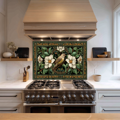 Bird and Floral Glass Backsplash Tile, Decorative Kitchen Wall Art, Custom Glass Panel, Made in USA