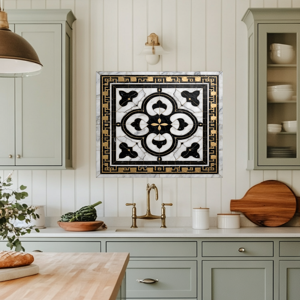 Ottoman Pattern on Marble Print Background Glass Backsplash for Kitchen Stove, Custom Wall Art, Heat-Resistant Kitchen Decor