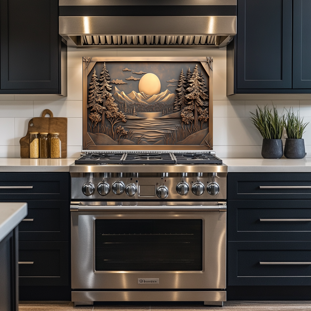 Copper Look Landscape Printed Tempered Glass Kitchen Splashback Backsplash Decorative Wall Art Panel for Modern Interiors