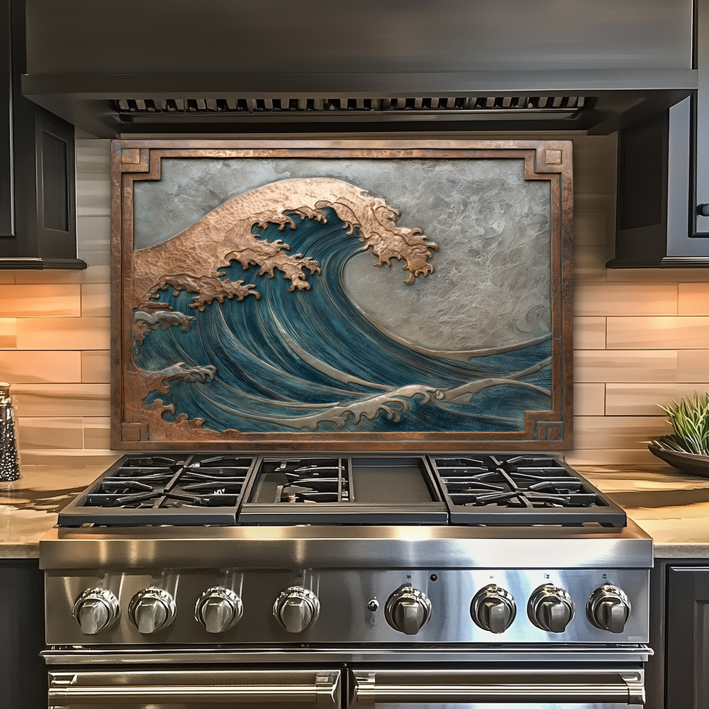 Copper Look Ocean Wave Glass Backsplash • Coastal Wall Art Panel • Artistic Blue Water Kitchen Decor • Textured Inspired Ocean Tile