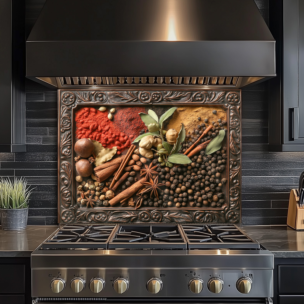 Copper Look Spices Print One Piece Tempered Glass Kitchen Splashback For Stove Behind, Kitchen Backsplash, Wall Art