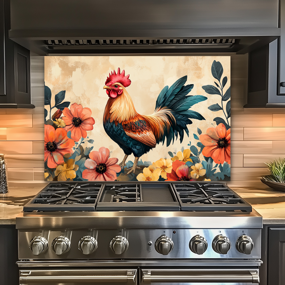 Rustic Colorful Rooster Glass Backsplash • Farmhouse Kitchen Panel • Vibrant Wall Art • Modern Home Decor • Decorative Kitchen Accent
