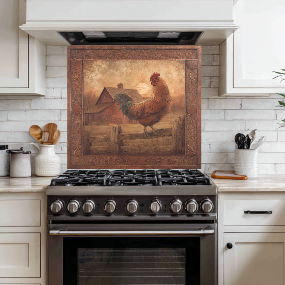 Copper Embossed Look Mediterranean Rooster Glass Backsplash • Rustic Kitchen Panel • Artistic Farmhouse Tile Design • Traditional Wall Piece