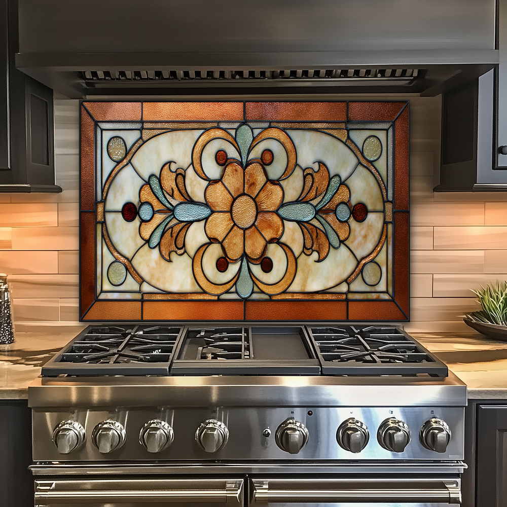 Floral Stained Look Glass Style Backsplash Panel, Tempered Glass Wall Art, Timeless Color Design, Elegant Kitchen Decor, Stove Protector