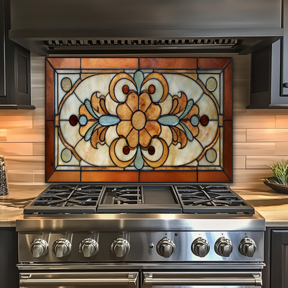 Floral Stained Look Glass Style Backsplash Panel, Tempered Glass Wall Art, Timeless Color Design, Elegant Kitchen Decor, Stove Protector