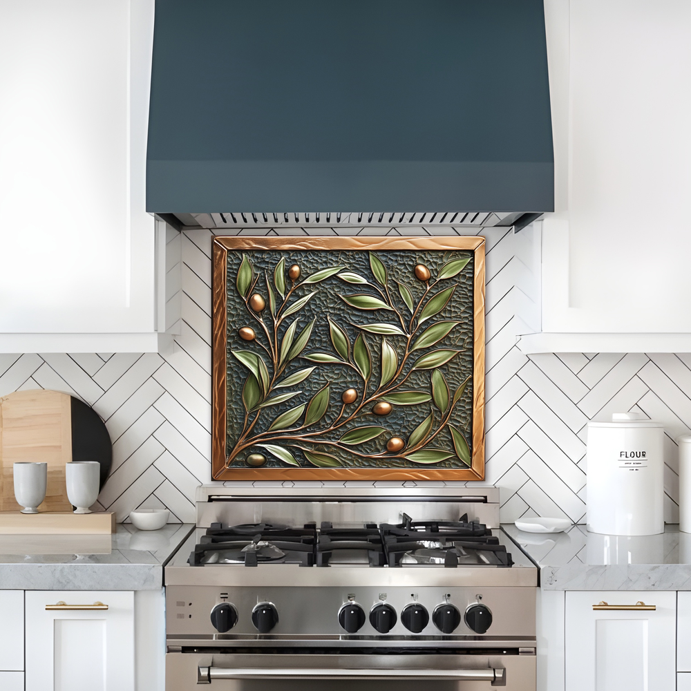 Copper Look Olive Branches One Piece Tempered Glass Kitchen Splashback For Stove Behind, Kitchen Backsplash, Wall Art