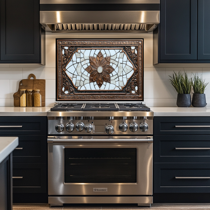 Copper Ottoman Tile Pattern Printed Tempered Glass Kitchen Splashback Backsplash Decorative Wall Panel for Stove Behind and Interior Decor