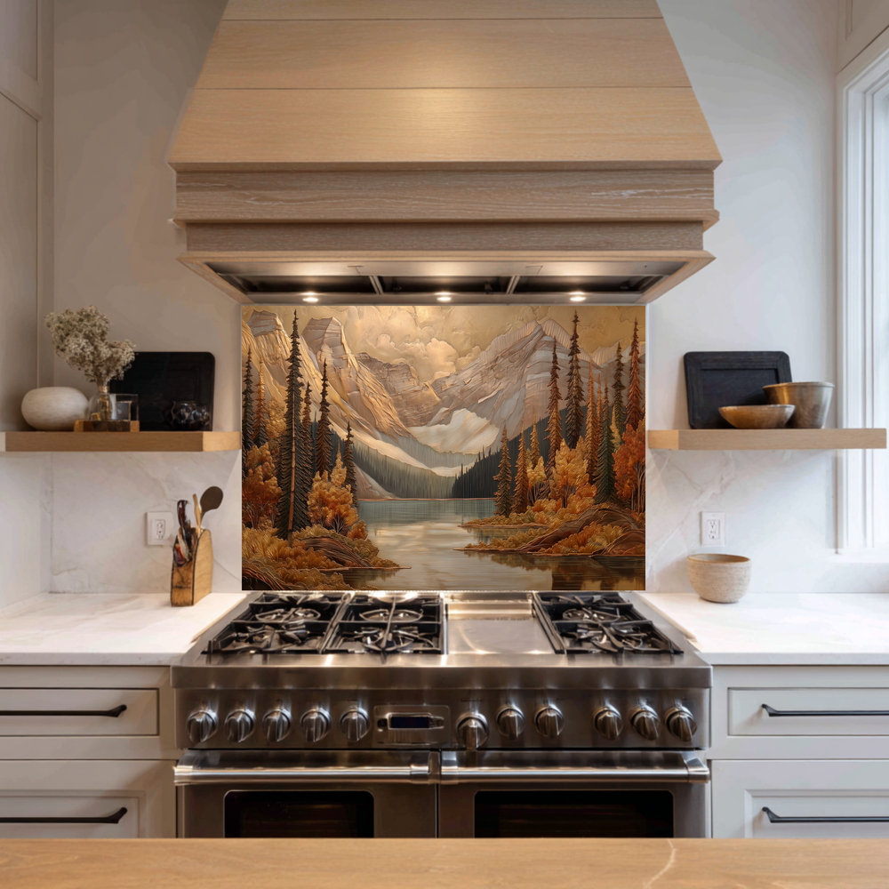 Handmade in USA Pine Tree and Mountain Glass Backsplash, Tempered Glass Splashback and Stove Behind Top Cover, Kitchen Sink Cover
