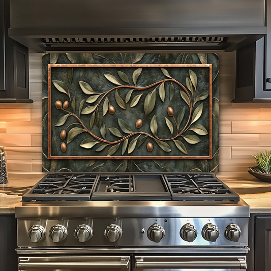 Olive Branch Copper Look Glass Kitchen Backsplash Panel, Tempered Glass Stove Guard, Wall Art Decor