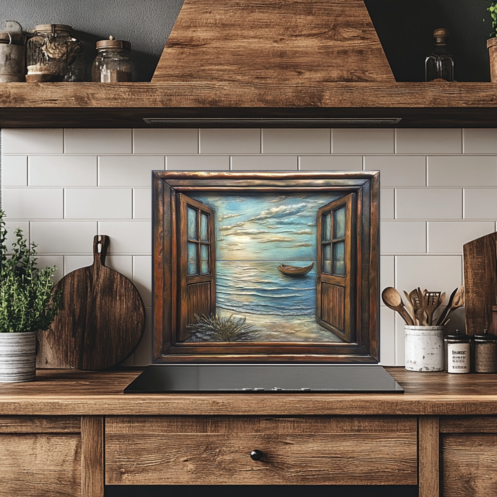 Wooden Window Prints One Piece Tempered Glass Kitchen Splashback For Stove Behind, Kitchen Backsplash, Wall Art