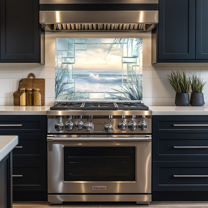 Ocean Landscape Scene Printed Tempered Glass Kitchen Backsplash Splashback Decorative Wall Art Panel for Modern Coastal Home Decor