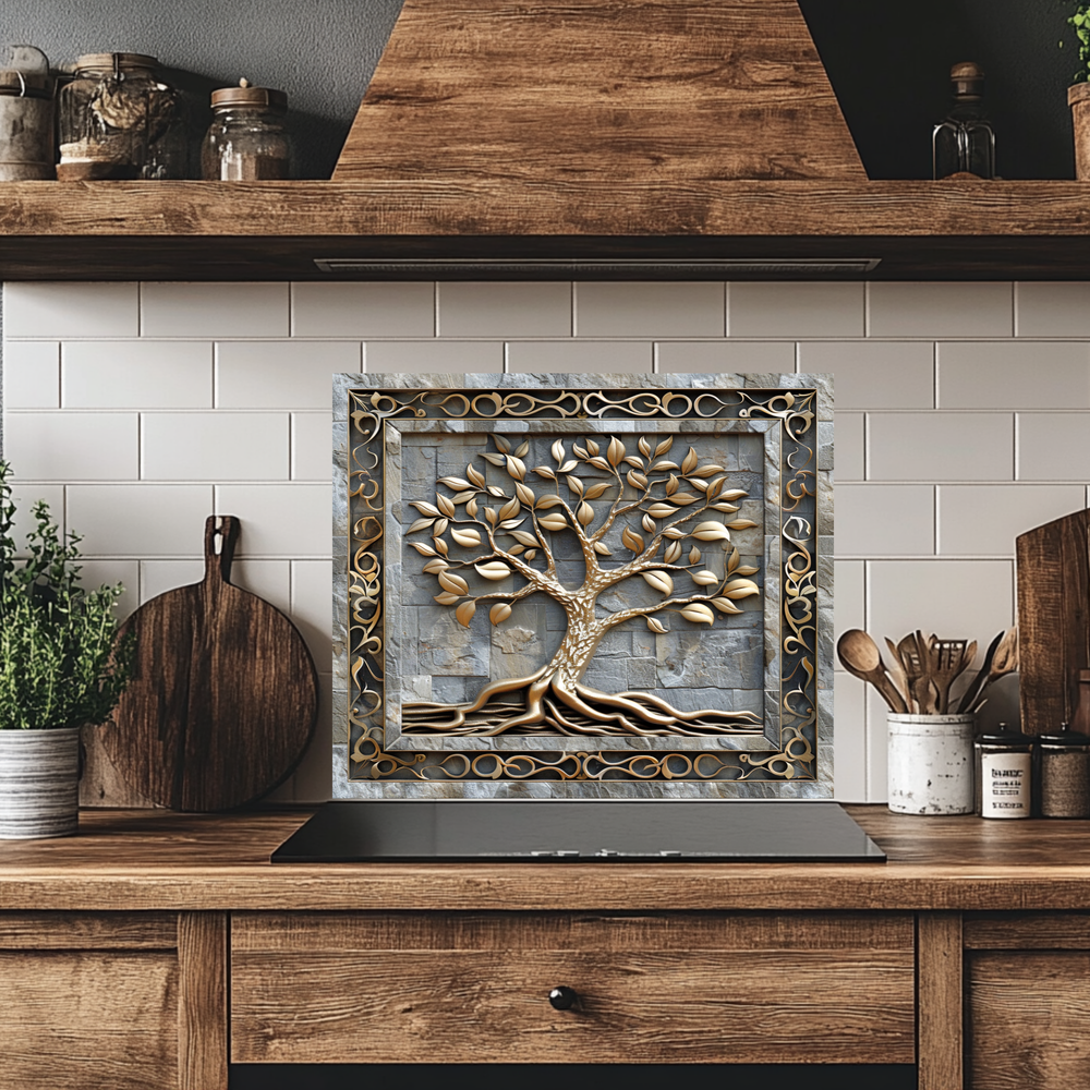 Carved Look Tree of Life Print One Piece Tempered Glass Kitchen Splashback For Stove Behind, Kitchen Backsplash, Wall Art