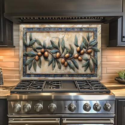 Copper Look Olive Branches One Piece Tempered Glass Kitchen Splashback For Stove Behind, Kitchen Backsplash, Wall Art