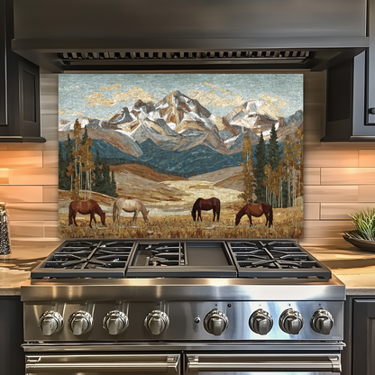 Nature and Horses Mosaic Glass Backsplash • Rustic Kitchen Panel • Artistic Equestrian Wall Art • Scenic Animal Design