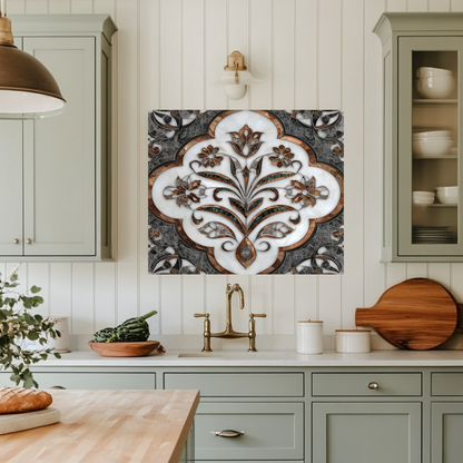 Ottoman Pattern on Marble Print Background Glass Backsplash for Kitchen Stove, Custom Wall Art, Heat-Resistant Kitchen Decor