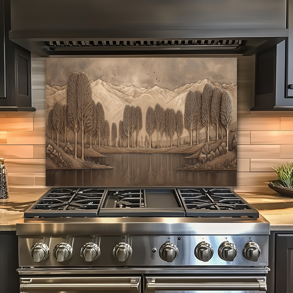 Copper Look Nature Landscape Glass Backsplash • Rustic Wall Art Panel • Mountain River Home Decor • Earthy Decorative Piece